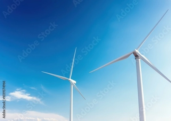 Fototapeta Two wind turbines stand tall against a clear blue sky, symbolizing renewable energy and sustainable technology.