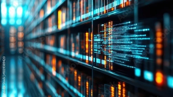 Fototapeta Abstract digital library with glowing data streams on shelves.