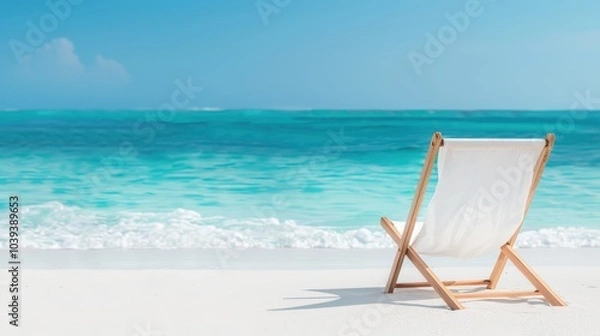 Fototapeta Relaxing beach scene with lounge chair and turquoise ocean on clear sunny day.