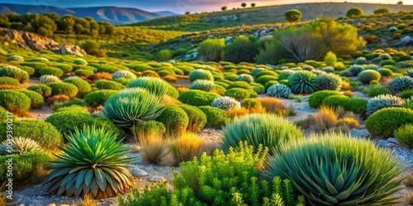 Fototapeta Abstract Floral Background Featuring Mediterranean Green Desert Plants in Croatia Capturing Drought and Climate Change in a Long Exposure Style