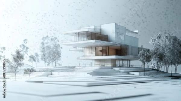 Obraz Modern architectural design with layered structures and greenery.