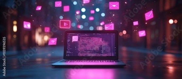 Obraz Laptop with glowing pink email icons, digital communication concept.