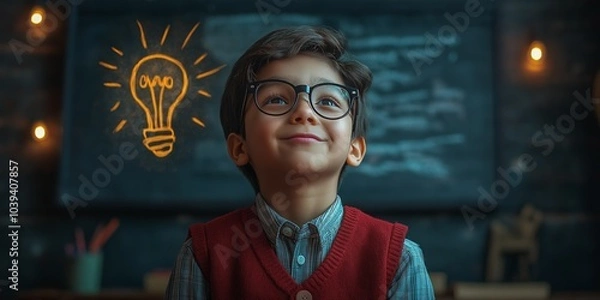 Obraz Smiling Indian kid with light bulb, symbolizing a bright idea, creativity, and innovative thinking.