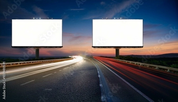 Fototapeta Blank white billboard on the background of the highway at evenin