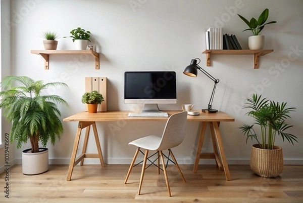 Fototapeta A desk with a computer, a keyboard, a mouse, a cup, and a potted plant