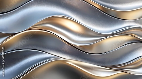 Fototapeta An elegant abstract composition featuring gold and silver metallic waves, creating a luxurious and modern textured design with smooth curves..