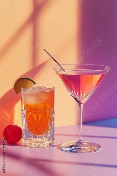 Fototapeta Two refreshing cocktails with citrus garnishes set on a brightly colored table, bathed in vibrant lighting.