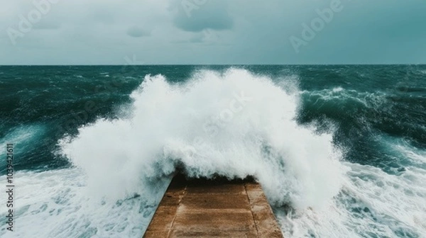Fototapeta Powerful crashing waves colliding against a sturdy seawall capturing the endless dramatic battle between the raw untamed forces of nature and the unyielding structures built by human hands