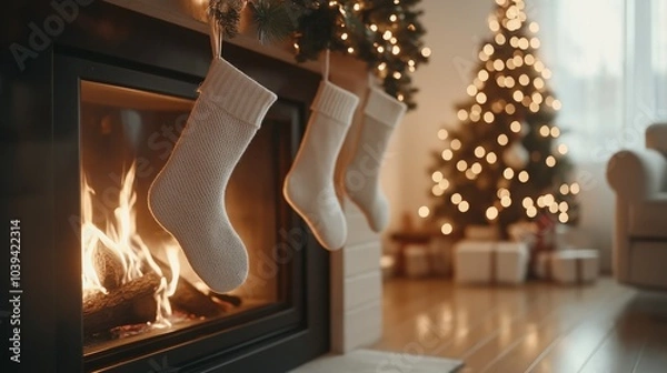 Fototapeta Cozy fireplace with Christmas stockings and decorated tree