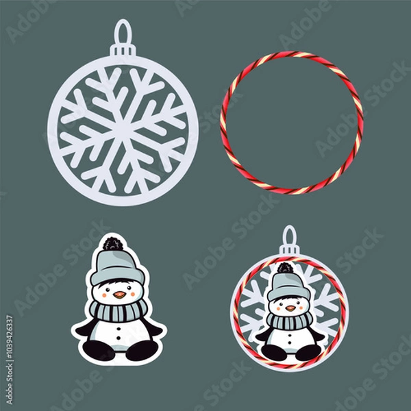 Fototapeta Multilayer decorative Christmas tree pendant with cut out snowflake and Little penguin in winter hat