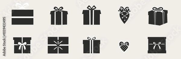 Fototapeta Collection of various gift box icons in black and white, each with unique designs and bows.