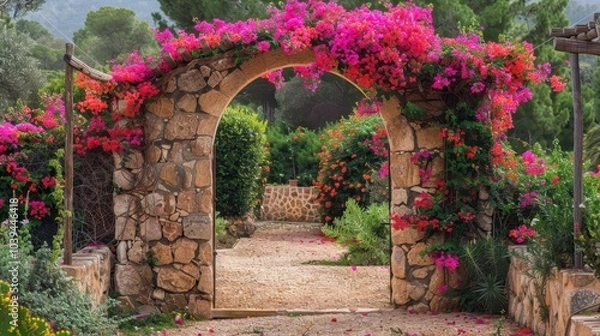 Fototapeta Beautiful Stone Archway with Blooming Flowers