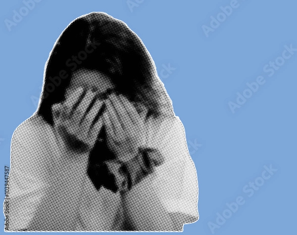 Obraz close up of women covering her face with her hands pixelate grayscale color halftone dotted texture style collage element isolated on blue background