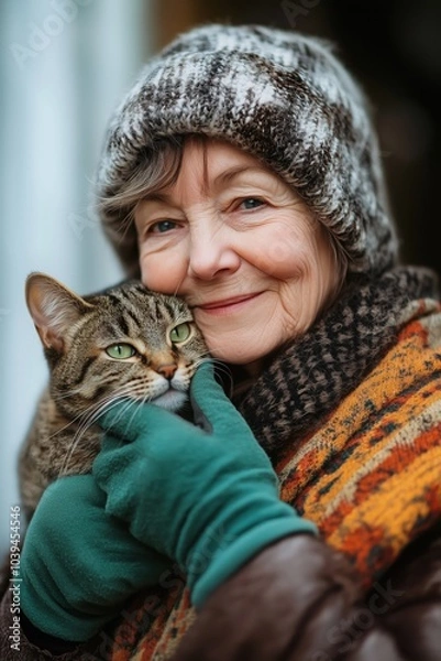 Fototapeta An elderly woman wearing gloves lovingly petting her cat while smiling warmly.