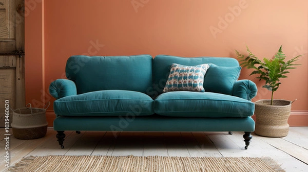 Fototapeta light turquoise sofa with teal cushions creates vibrant focal point in cozy living space, complemented by decorative pillow and potted plant