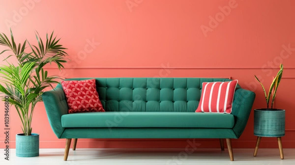 Fototapeta pale green sofa with teal cushions adds touch of comfort to vibrant coral wall, complemented by stylish plants and decorative pillows, creating cozy atmosphere