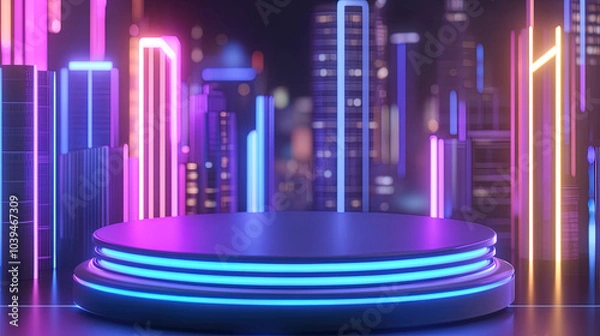 Fototapeta A round podium with a background of cyberpunk city