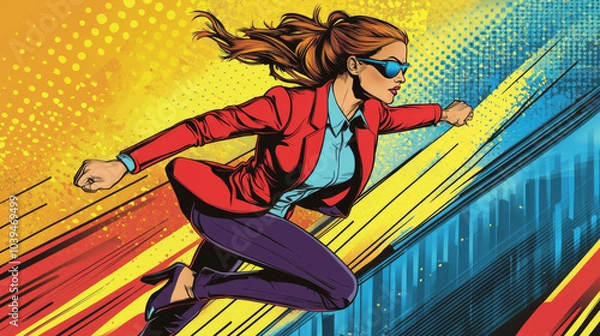 Obraz A businesswoman overcomes challenges and obstacles with determination.pop art.