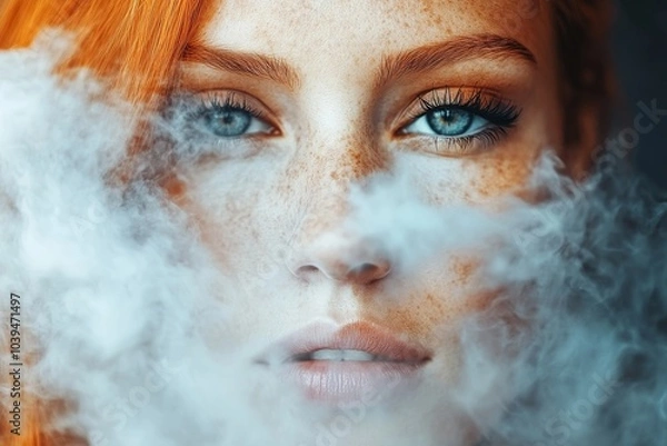 Fototapeta Woman with red hair in an ethereal cloud of mist evoking a mystical and surreal mood blending fantasy and mystery with a haunting dreamlike atmosphere