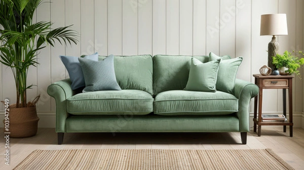 Fototapeta pastel green sofa with blue cushions creates refreshing and inviting atmosphere in stylish living room. combination of textures and colors adds warmth and comfort