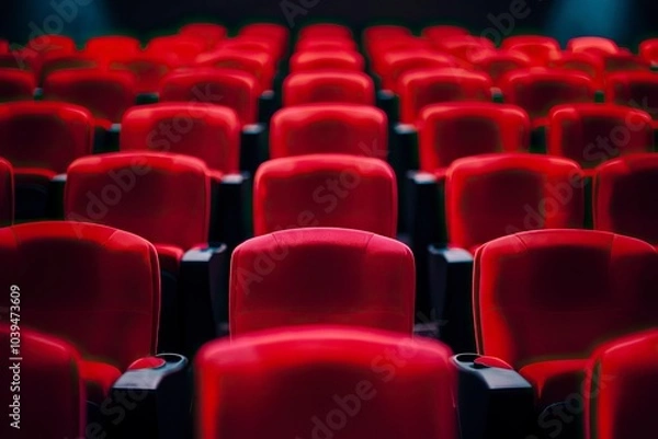 Fototapeta High contrast image of empty movie theater seats with generative ai