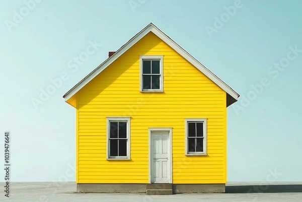 Fototapeta Bright yellow house with simple design featuring clean lines and neutral surroundings symbolizing minimalism modern home design and suburban living