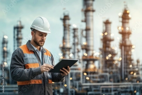Obraz engineer working for oil refinery, oil indusrty , petroleum