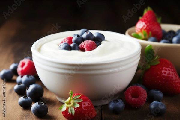 Fototapeta generated illustration wooden table with delicious breakfast of yogurt berries.