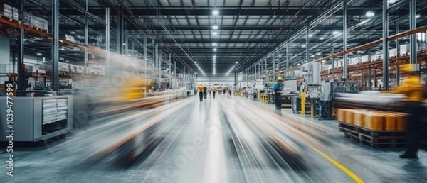 Fototapeta Very realistic and photographic photo of a sleek, modern warehouse interior with automation machinery and blurred workers in motion The long exposure technique emphasizes the speed and flow of