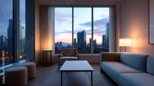 Fototapeta modern luxury apartment with city skyline view