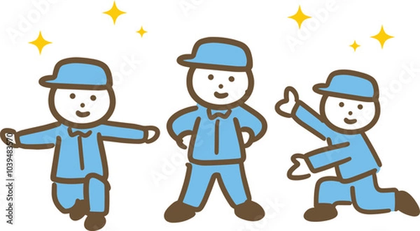 Obraz 笑顔でポーズをとる三人の作業服の男性(全身)