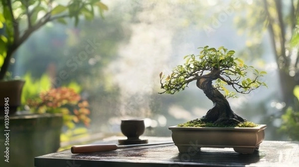 Fototapeta A serene bonsai garden with pruning tools, Miniature trees meticulously tended, Zen-inspired style