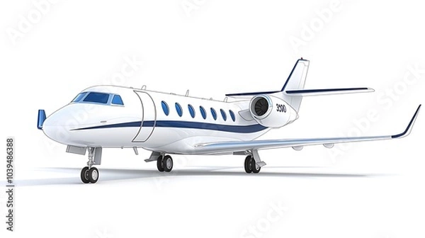 Fototapeta Private Jet: A sleek, modern private jet, gleaming white with blue accents, sits poised for takeoff against a backdrop of clear sky. Its powerful engines promise swift and luxurious travel.