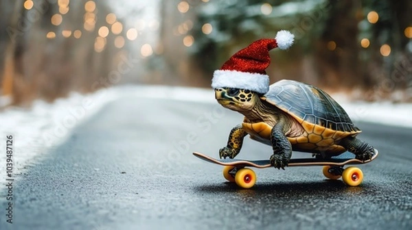 Fototapeta the image of a turtle wearing a Christmas hat on a skateboard, riding down a road
