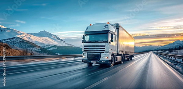 Fototapeta A semi truck speeding along a highway with mountains in the background, reflecting the strength and reliability of long-haul transport.