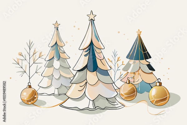 Fototapeta Whimsical Christmas Trees with Elegant Ornaments Illustration