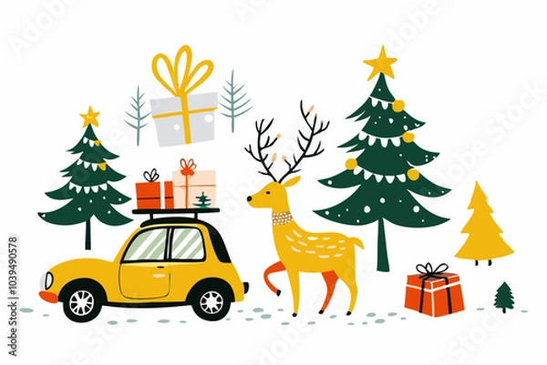 Obraz Whimsical Christmas Illustration with Gifts, Reindeer, and Festive Trees