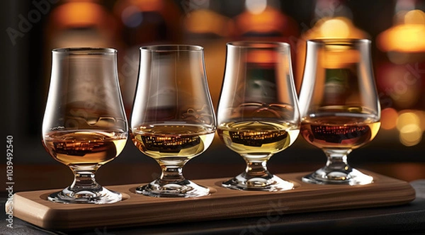 Fototapeta Four glasses on an elegant wooden whiskey flight board, filled with different types of Scotch whiskies, bottles in the background, a black tablecloth.