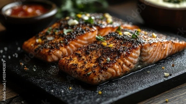 Fototapeta Blackened Salmon Fillets Perfect for Food Blogs and Culinary Websites Featuring a Textured Surface