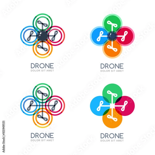 Fototapeta Set of vector multicolor flying drone icons. Trendy logo, label design template. Linear style illustration of quadrocopter, isolated on white background. 