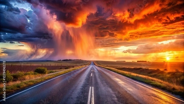 Fototapeta A Solitary Road Leading Through a Dramatic Sunset Sky, Bathed in the Golden Light of the Setting Sun, With Rain Falling From the Clouds