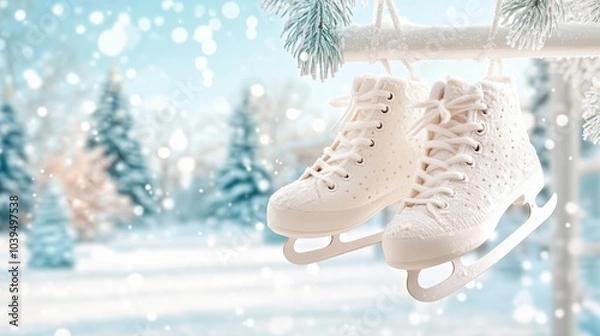 Obraz White Ice Skates Hanging on Snowy Background