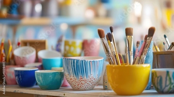Obraz A serene ceramics painting workshop with ceramic paints and pottery, Painting tools organized on a worktable, Artistic workshop style