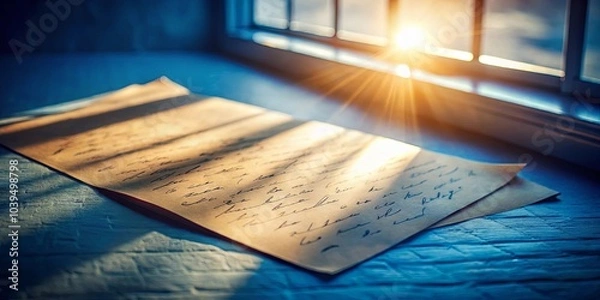 Obraz A Handwritten Letter Bathed in Golden Sunlight, Resting on a Rough Wooden Surface, With a Window Behind Casting a Warm, Bright Glow