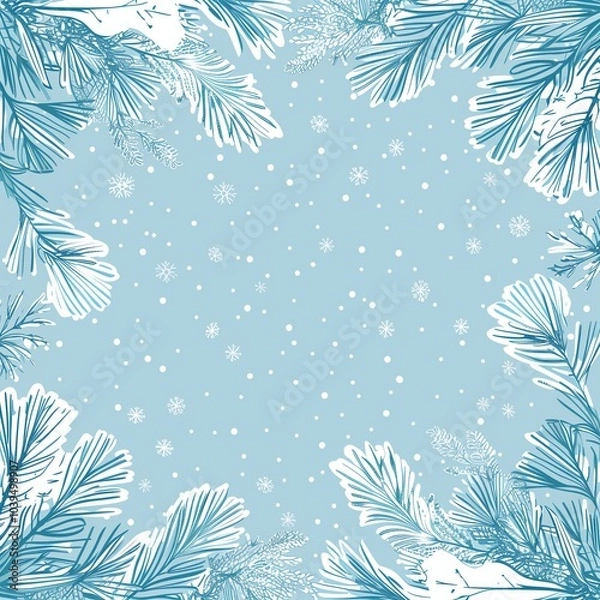 Fototapeta Light blue watercolor background with whimsical white snowflakes and pine branches, creating an inviting winter scene. Perfect for wallpaper, holiday cards, or festive decor elements.