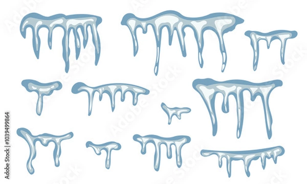 Fototapeta Set Ice floe, frozen water piece, iceberg and icicles in cartoon style isolated on white background. Collection polar landscape element, ui game asset. Winter decoration.