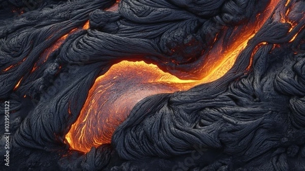 Fototapeta lava flowing on rough slope at night