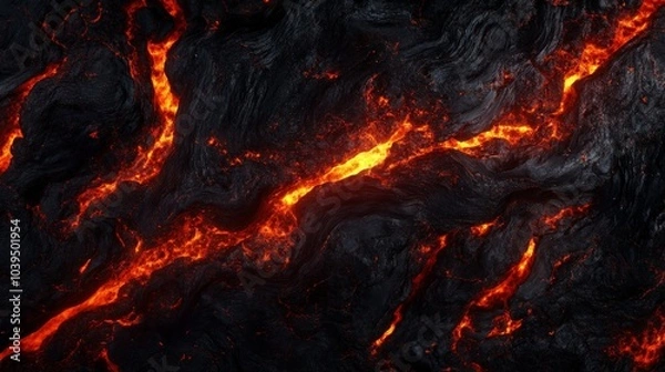 Fototapeta view of hot red magma flowing on dark mountainous surface at night time