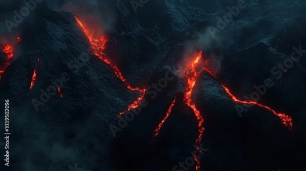 Fototapeta view of hot red magma flowing on dark mountainous surface at night time