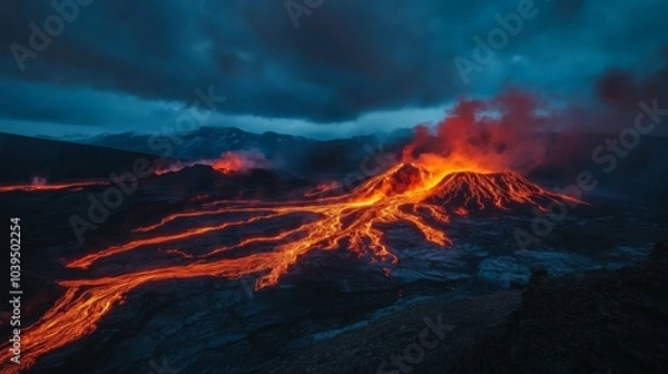 Fototapeta view of hot red magma flowing on dark mountainous surface at night time